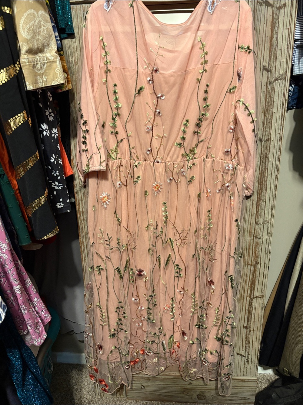 Embroidered Pink Floral Midi Dress - Picture 3 of 5